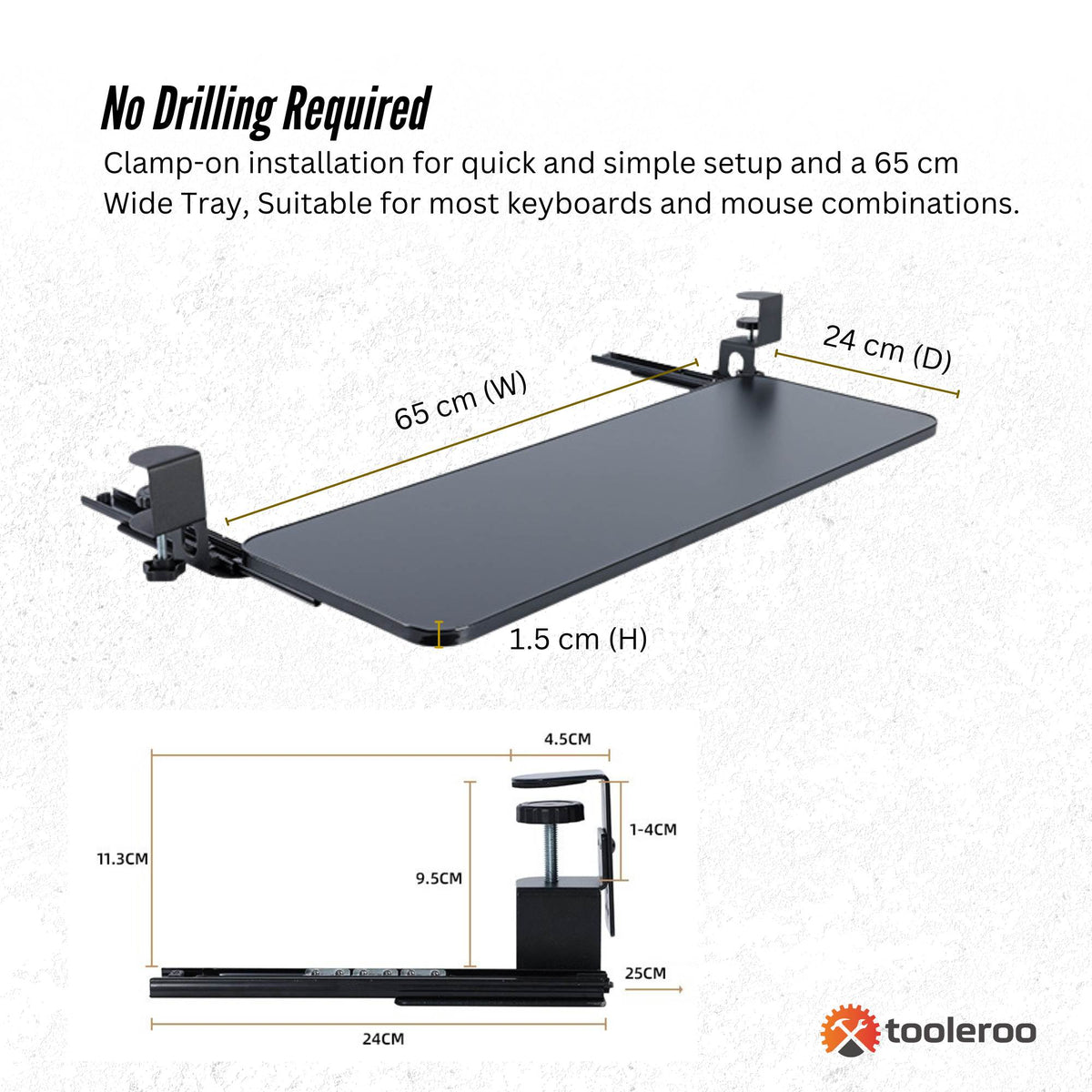 Tooleroo Computer Keyboard Tray Under Desk Clamp On Pull Out 65cm - Black
